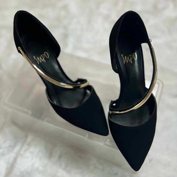 Impo Shoes Impo Tracie Black Pointy Toe Suede Gold Strap High Heels